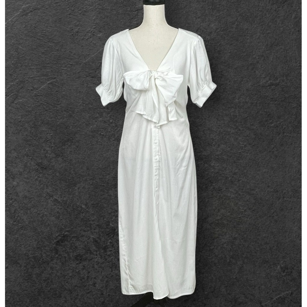 Lucca Coastal Cowgirl Bow Tie Button Front Dress Sz L Soft Puff Sleeve Romantic
